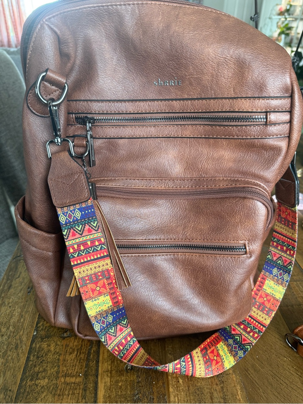 Shrrie Brown Faux Leather Convertible Backpack Purse Boho Woven Strap